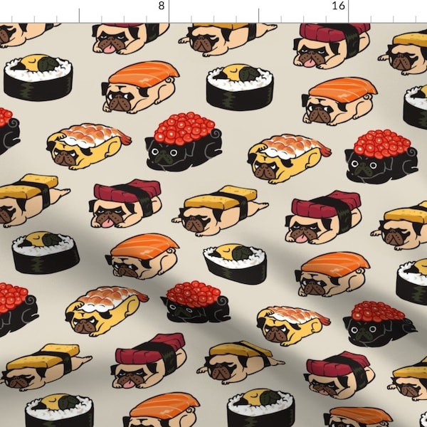 Sushi Pug Fabric - Sushi Pug By Huebucket - Sushi Pug Dog Breed Japanese Food Red Beige Black Cotton Fabric By The Yard With Spoonflower