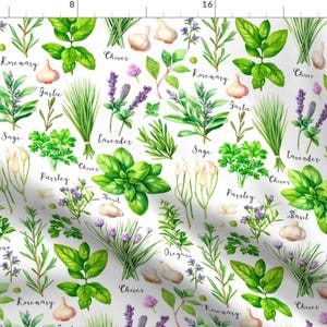 May include: A white background with a repeating pattern of watercolor illustrations of various herbs and spices. The herbs and spices include rosemary, garlic, sage, parsley, chives, lavender, basil, oregano, and thyme. Each herb and spice is labeled with its name.