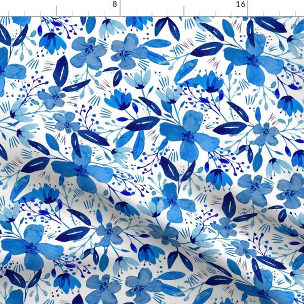 Blue Floral Fabric - Watercolour Florals By Melarmstrong -  Flowers Wildflower Painterly Indigo Cotton Fabric By The Yard With Spoonflower