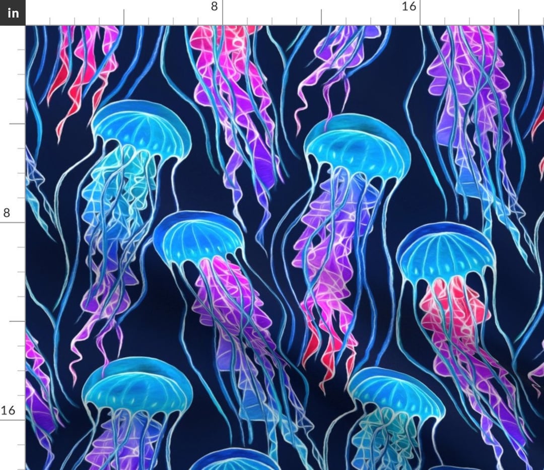 Jellyfish Fabric Luminescent Rainbow Jellyfish on Navy Blue Large by