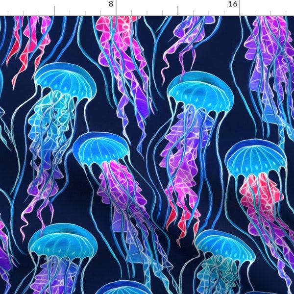 Jellyfish Fabric - Luminescent Rainbow Jellyfish On Navy Blue Large By Micklyn - Ocean Sea Life Cotton Fabric By The Yard With Spoonflower