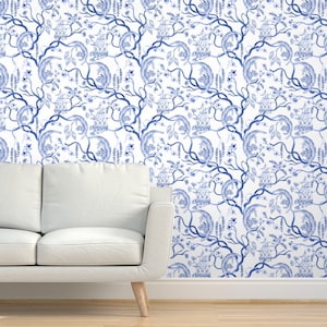 Chinoiserie Peel-and-Stick Wallpaper Sampler - Blue White Vintage Landscape Floral Removable Wallpaper Swatch Sample Pack by Spoonflower