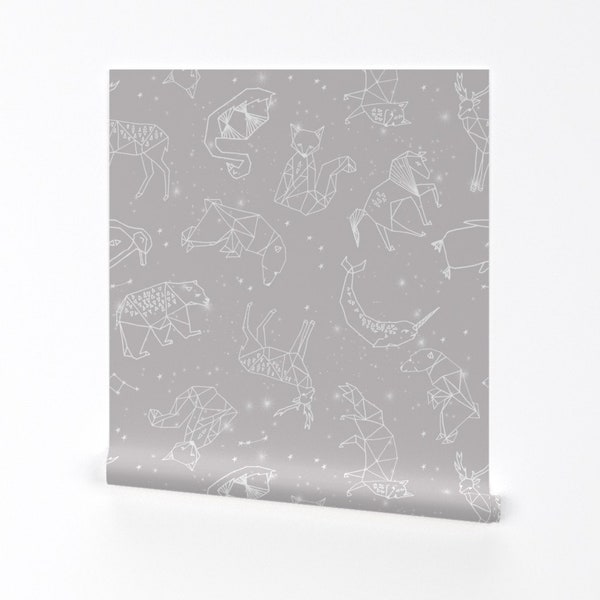 Nursery Wallpaper - Constellations / Geometric Animal Star Light Grey by Andrea Lauren - Removable Self Adhesive Wallpaper Roll -Spoonflower