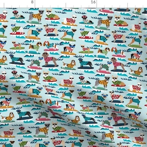 Surfing Dogs Fabric - Surfing Dogs Summer Beach Fun Dogs - Small By Petfriendly - Surfing Dogs Cotton Fabric By The Yard With Spoonflower