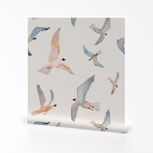 Bird Wallpaper- Flying Birds By Tasiania - Birds Orange Blue Watercolor Custom Printed Removable Self Adhesive Wallpaper Roll by Spoonflower