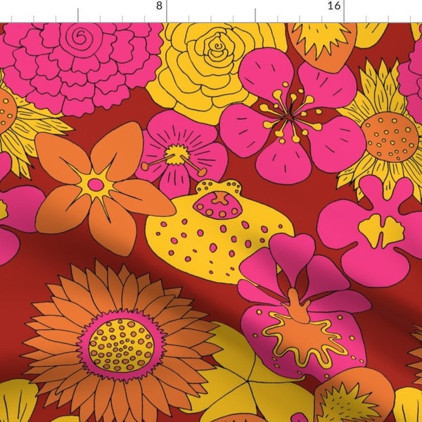 1960s Hippie Floral Print in Red - Flowerpower Summer By Zandloopster - Pink Gold Orchid Zinnias Cotton Fabric By The Yard With Spoonflower