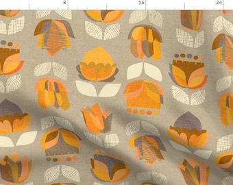 Retro Floral Fabric - Mid Century Flowers Orange Grey Large By Ceciliamok - Modern Home Decor Cotton Fabric By The Yard With Spoonflower
