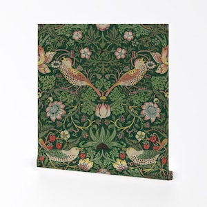 William Morris Removable Peel and Stick Wallpaper - Victorian Antique Green - Wall Art Wall Decor - Strawberry Thief by peacoquettedesigns
