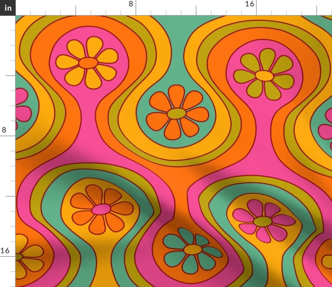 Pink and Orange Flower Fabric Groovy 60s Floral by Jenwebbcreates Retro