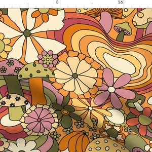 Retro Fabric - Groovy Mushroom Garden by yesterdaycollection - Vintage Floral Retro Hippie Groovy 70s 60s Fabric by the Yard by Spoonflower