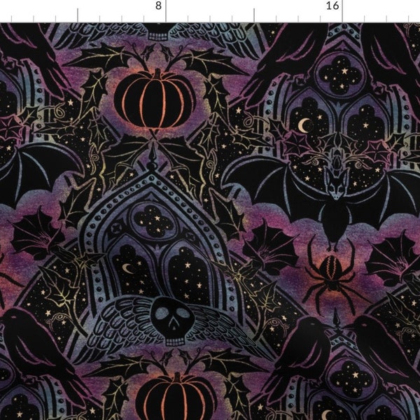 Raven Fabric - Dark Gothic Large Scale by byre_wilde - Damask Spooky Bat Witch Skull Pumpkin Crescent Moon Fabric by the Yard by Spoonflower
