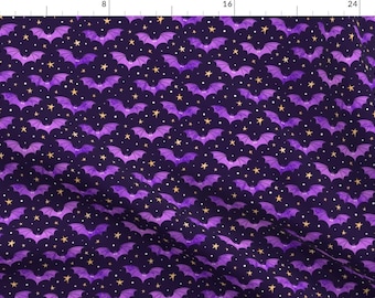 Halloween Bat Blue Purple Fabric - Watercolor Bats Purple On Black By Spookishdelight - Halloween Cotton Fabric By The Yard With Spoonflower