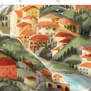 Sunset Fabric - Italian Village Sunset by ebozzastudio -  Colorful Hand Drawn Landscape Italian Town Fabric by the Yard by Spoonflower