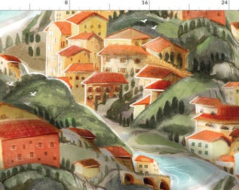 Sunset Fabric - Italian Village Sunset by ebozzastudio -  Colorful Hand Drawn Landscape Italian Town Fabric by the Yard by Spoonflower