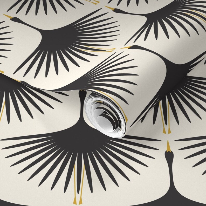 Art Deco Bird Wallpaper Art Deco Swans Black on Cream by - Etsy