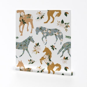 Horse Wallpaper - Magnolia Floral Horses On White By Karolina Papiez - Custom Printed Removable Self Adhesive Wallpaper Roll by Spoonflower