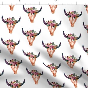 Bohemian Floral Longhorn Fabric - Bohemian Flowery Longhorn By Moondaughterart- Southwestern Boho Cotton Fabric By The Yard With Spoonflower