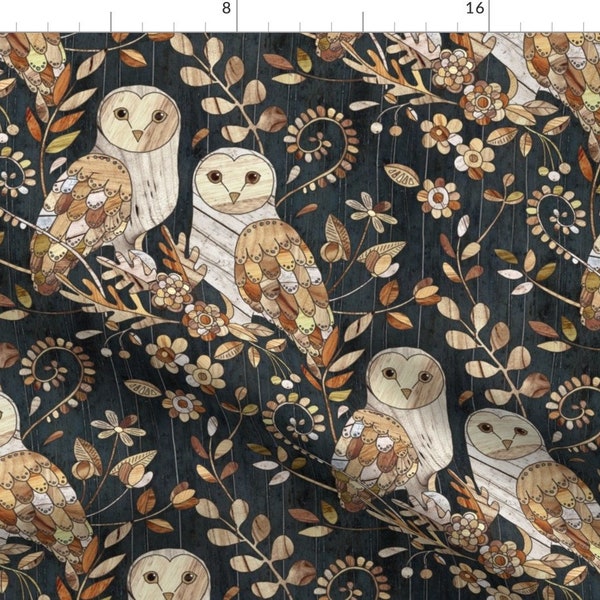 Barn Owl Fabric - Wooden Wonderland Barn Owl Collage - Large By Micklyn - Barn Owl Wooden Texture Cotton Fabric By The Yard With Spoonflower