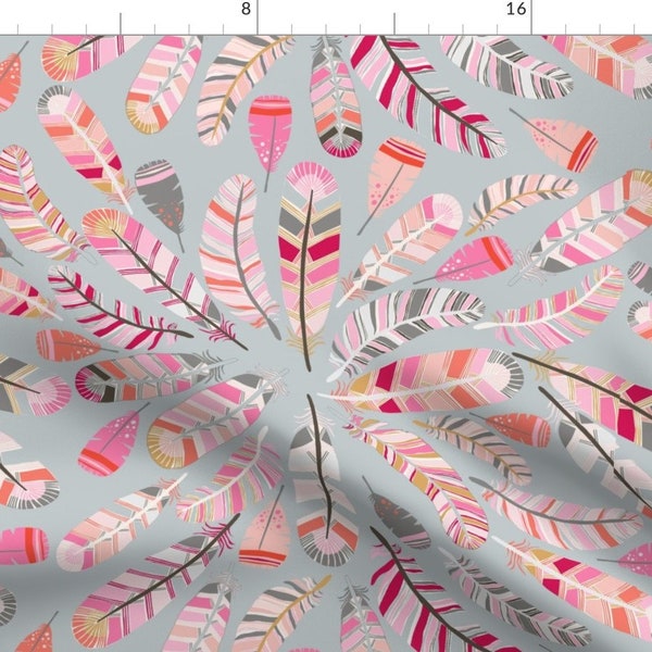 Pink Feathers Fabric - Motif Plume Fond Gris L By Nadja Petremand - Pink Boho Feather Nursery Cotton Fabric By The Yard With Spoonflower