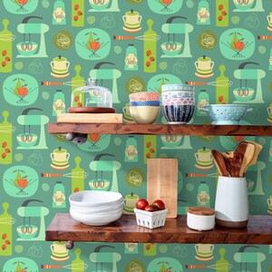 Kitchen Wallpaper Kitchen Kitsch Blue by Studiojenny Mid Century Modern ...