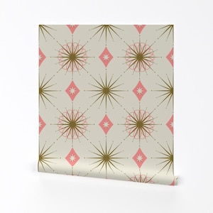 Retro Geo Wallpaper - Starburst Pink Von Curiouslondon - Creme Rosa Grüne Sterne Atomic Entfernbare selbstklebende Tapetenrolle von Spoonflower