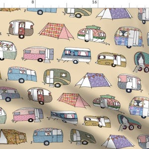 Camping Fabric - Vintage Camping By Peppermintpatty - Camping Tents Trailers Wagons Blue Beige Cotton Fabric By The Yard With Spoonflower