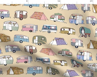 Camping Fabric - Vintage Camping By Peppermintpatty - Camping Tents Trailers Wagons Blue Beige Cotton Fabric By The Yard With Spoonflower