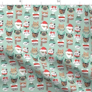 Cat Fabric - Christmas Kitty Cat Faces On Green By Hey Cute Design - Cat Feline Cat Lover Holiday Cotton Fabric By The Yard With Spoonflower