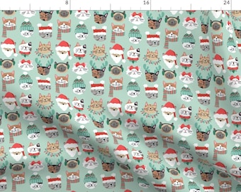 Cat Fabric - Christmas Kitty Cat Faces On Green By Hey Cute Design - Cat Feline Cat Lover Holiday Cotton Fabric By The Yard With Spoonflower