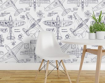 Airplane Peel and Stick Wallpaper - Aviation Aeroplane Doodles - Removable Wall Decor Art - Airplane Patent Drawings by red_raspberry_design