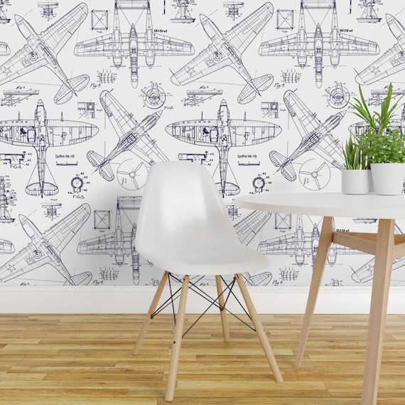 Airplane Peel and Stick Wallpaper - Aviation Aeroplane Doodles - Removable Wall Decor Art - Airplane Patent Drawings by red_raspberry_design
