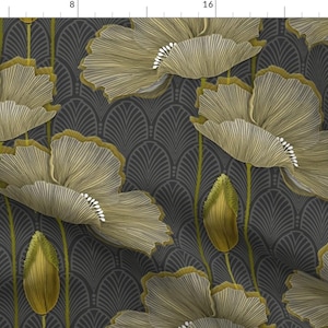 Art Decor Mohnblumenstoff - Art Deco Fleurs Dor von j9design - Vintage 1920er Mohnblumen Gelb Grau Botanischer Stoff Bulk Stock von Spoonflower