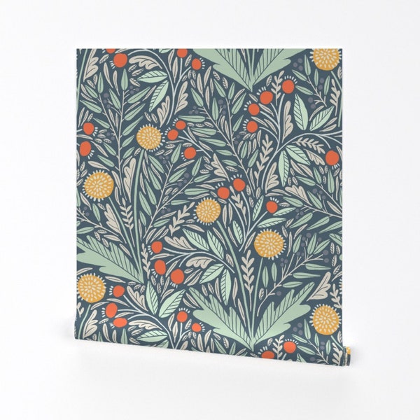 Modern Botanical Wallpaper - Astrid by amy_maccready - Dandelions Yellow Orange Blue Removable Peel and Stick Wallpaper by Spoonflower