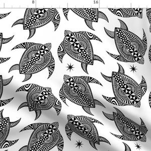 May include: A black and white seamless pattern featuring a repeating design of stylised sea turtles with intricate geometric patterns. The background is white.
