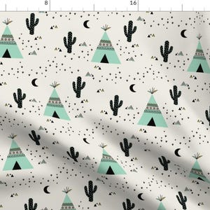Cactus & Teepee Mint fabric by Kimsa - Southwestern Tipi and Cacti printed on a variety of cotton fabrics - by the yard with Spoonflower