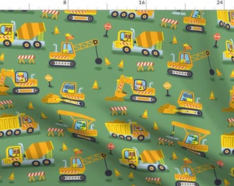 Green Trucks Construction Fabric - Construction Trucks (Green) By Edward Elementary - Miller Cotton Fabric By The Yard With Spoonflower