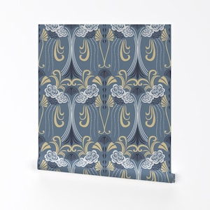 Art Deco Wallpaper - 1920's Scrolls By Patternanddesign - Blue Yellow Nouveau Romantic Removable Self Adhesive Wallpaper Roll by Spoonflower