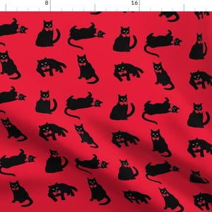 Black Cats Fabric - Black Cats in Bow Ties On Red By Magentarosedesigns - Black Cat Kawaii Kitten Cotton Fabric by the Yard With Spoonflower