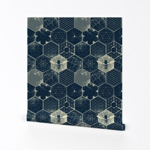 Hexagon Bee Wallpaper - The Honeycomb Conjecture By Strange Phenomena - Navy Botany Removable Self Adhesive Wallpaper Roll by Spoonflower
