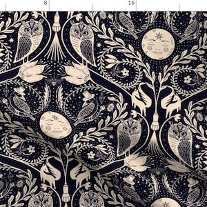 Celestial Damask Fabric - Whimsigothic Night by irisbarges - Whimsical Gothic Moon Stars Night Sky Owl Fabric by the Yard by Spoonflower