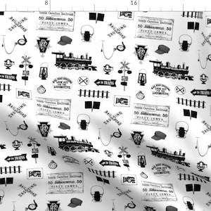 Locomotives Fabric - Railroad Symbols By Thin Line Textiles - Locomotives Vintage Trains Cotton Fabric By The Yard With Spoonflower