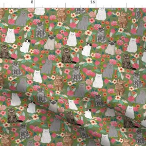 Cat Fabric - Cat Garden Florals Siamese Cat Watercolors By Petfriendly - Cat Cotton Fabric by the Yard with Spoonflower