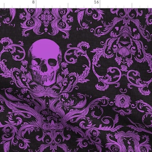 Damask Fabric - Dread Damask By Willowlanetextiles - Macabre Purple Black Haunted Gothic Skulls Cotton Fabric By The Yard With Spoonflower