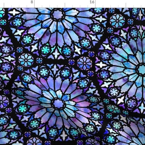 May include: A watercolor painting of a stained glass window with blue, purple, and teal colors. The window is made up of many small, geometric shapes.