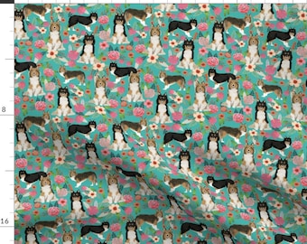 Sheltie Fabric - Sheltie Floral Fabric Shetland Sheepdog By Petfriendly - Sheltie Floral Blue Cotton Fabric By The Yard With Spoonflower