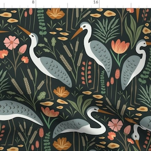 Herons And Cattail Fabric - Heron And Swamp Plants by priraj_designs - Birds Crane Reeds Wetland Egret Fabric by the Yard by Spoonflower