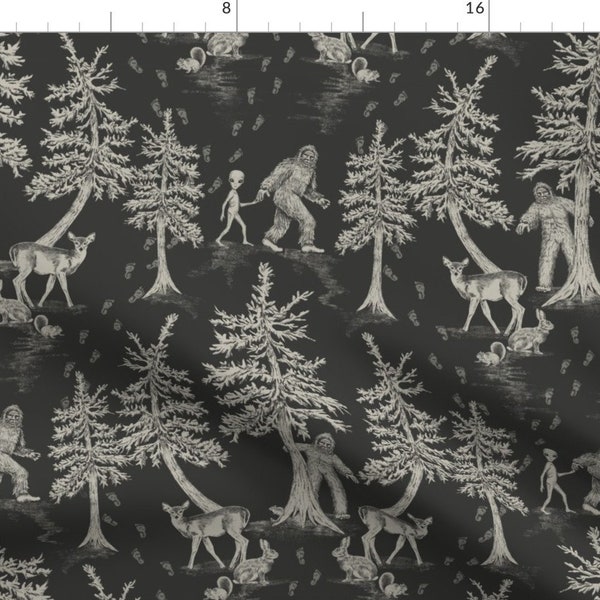 Sasquatch Fabric - Bigfoot & Friends by somecallmebeth - Cryptids Charcoal Gray Cryptozoology Aliens Fabric by the Yard by Spoonflower