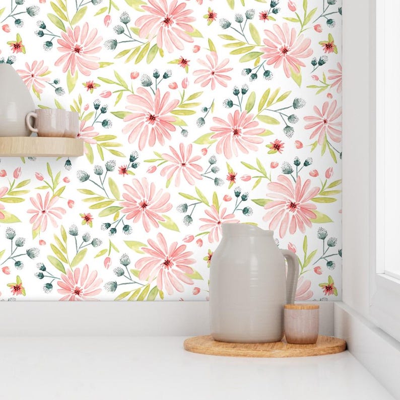 Floral Wallpaper - Amelia - Watercolor Floral Pink By Heatherdutton - Custom Printed Removable Self Adhesive Wallpaper Roll by Spoonflower image 7