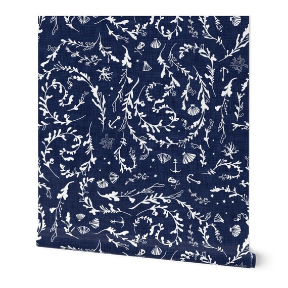 Removable Water-Activated Wallpaper Seaweed Blue And White Navy Nautical Pirate 