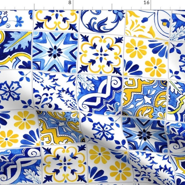 Spanish Tiles Fabric - Detailed Azulejos by ilonitta - Cobalt Blue Mediterranean Mosaic Azulejos Talavera Fabric by the Yard by Spoonflower